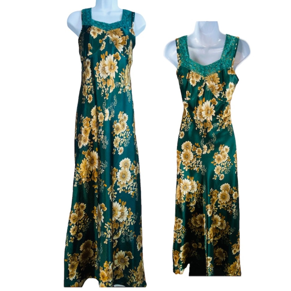 Vintage Green & Gold Floral Print Slip Dress by Pretty Secrets Size S